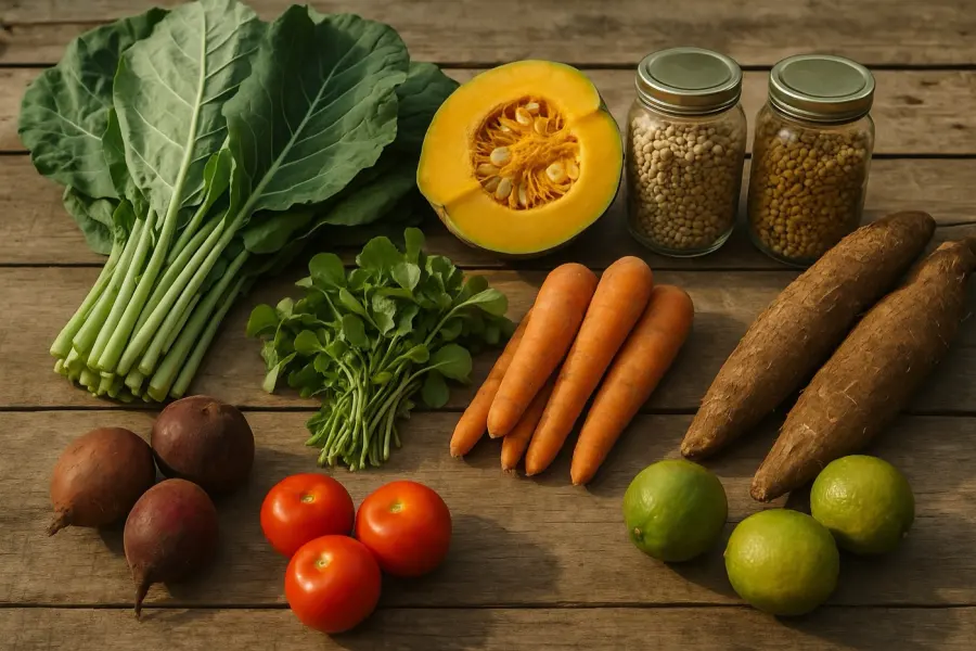 Couve, limão e legumes frescos para o suco verde