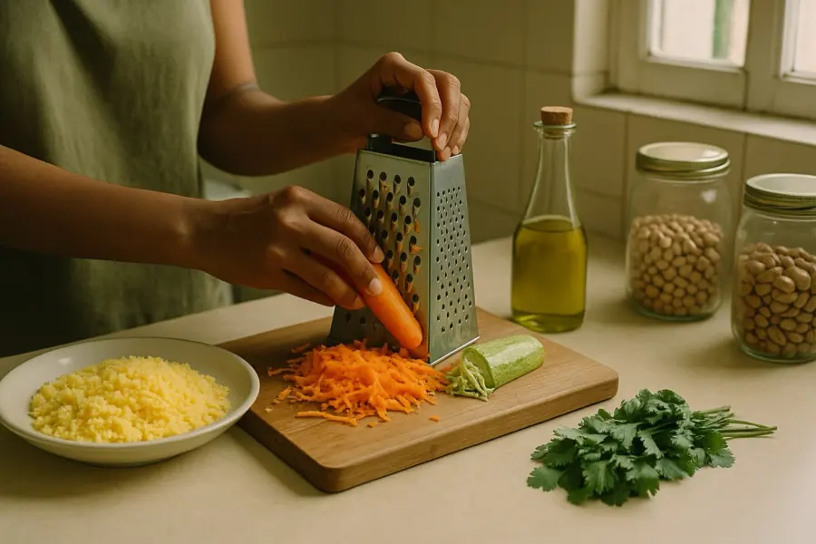 Preparo do cuscuz com legumes ralados na cozinha