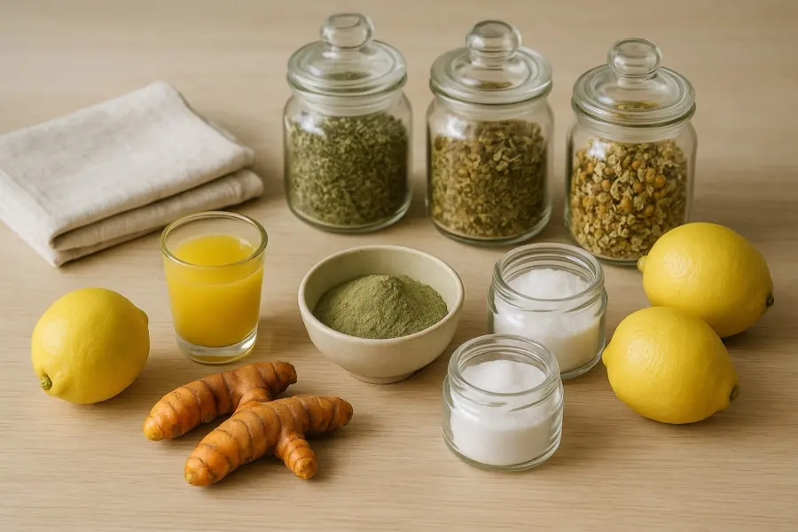 Kit da farmácia natural: shot de limão, cúrcuma e gengibre, ervas e argila