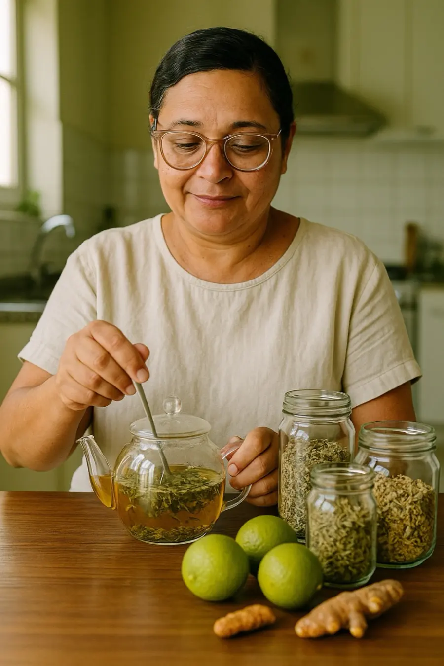 Débora Mateus Lopes preparando um chá de ervas na cozinha de casa